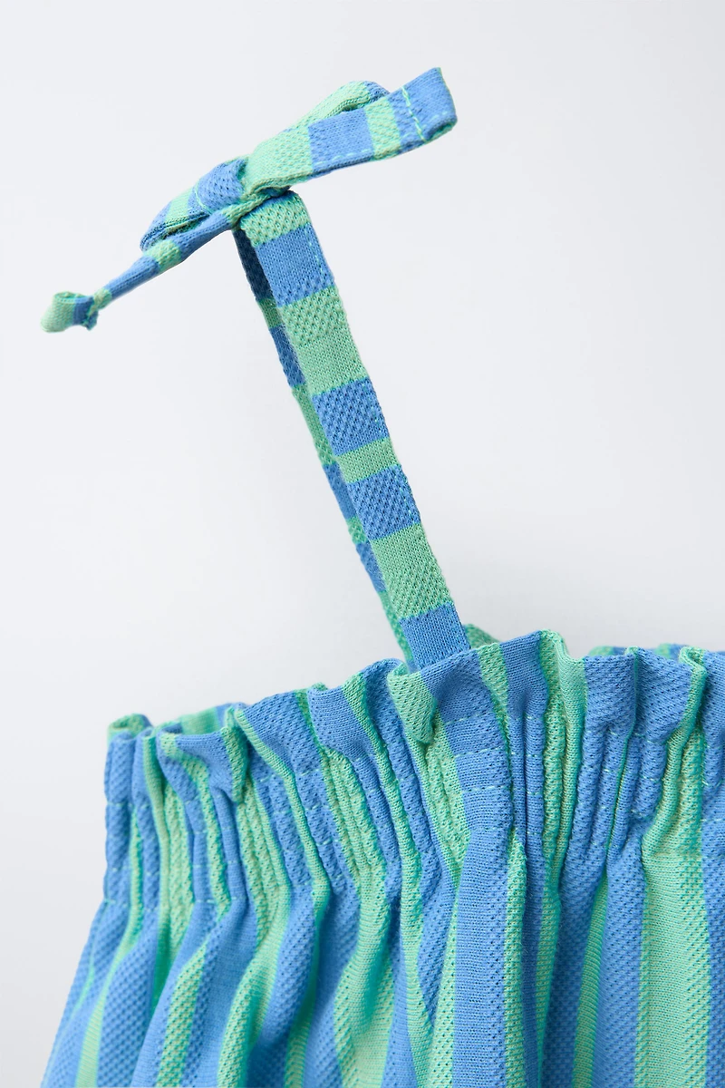 BOW TRIM STRIPED TEXTURED TOP