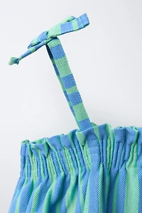 BOW TRIM STRIPED TEXTURED TOP