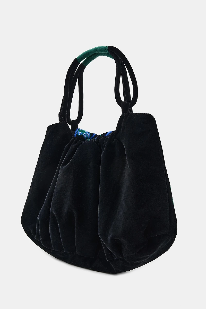 VELVET MAXI BAG WITH FLORAL EMBROIDERY