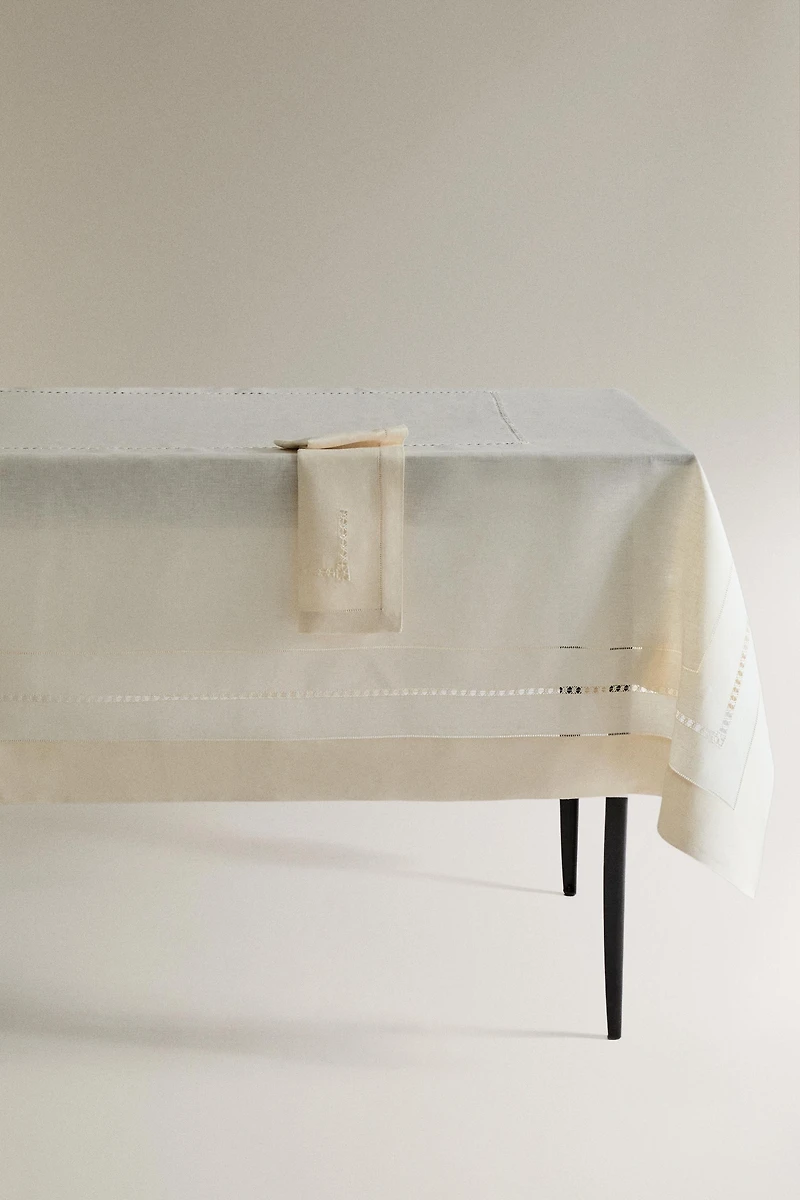 LINEN TABLECLOTH WITH HEMSTITCHED INSERTS