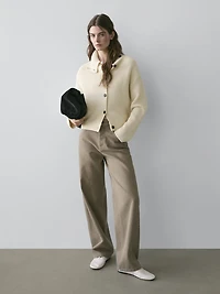 Cotton high neck knit cardigan