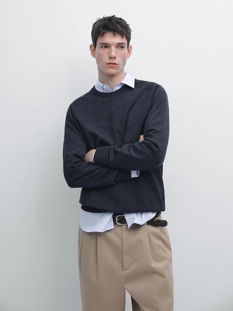 Pull en maille 100 % laine mérinos à col rond