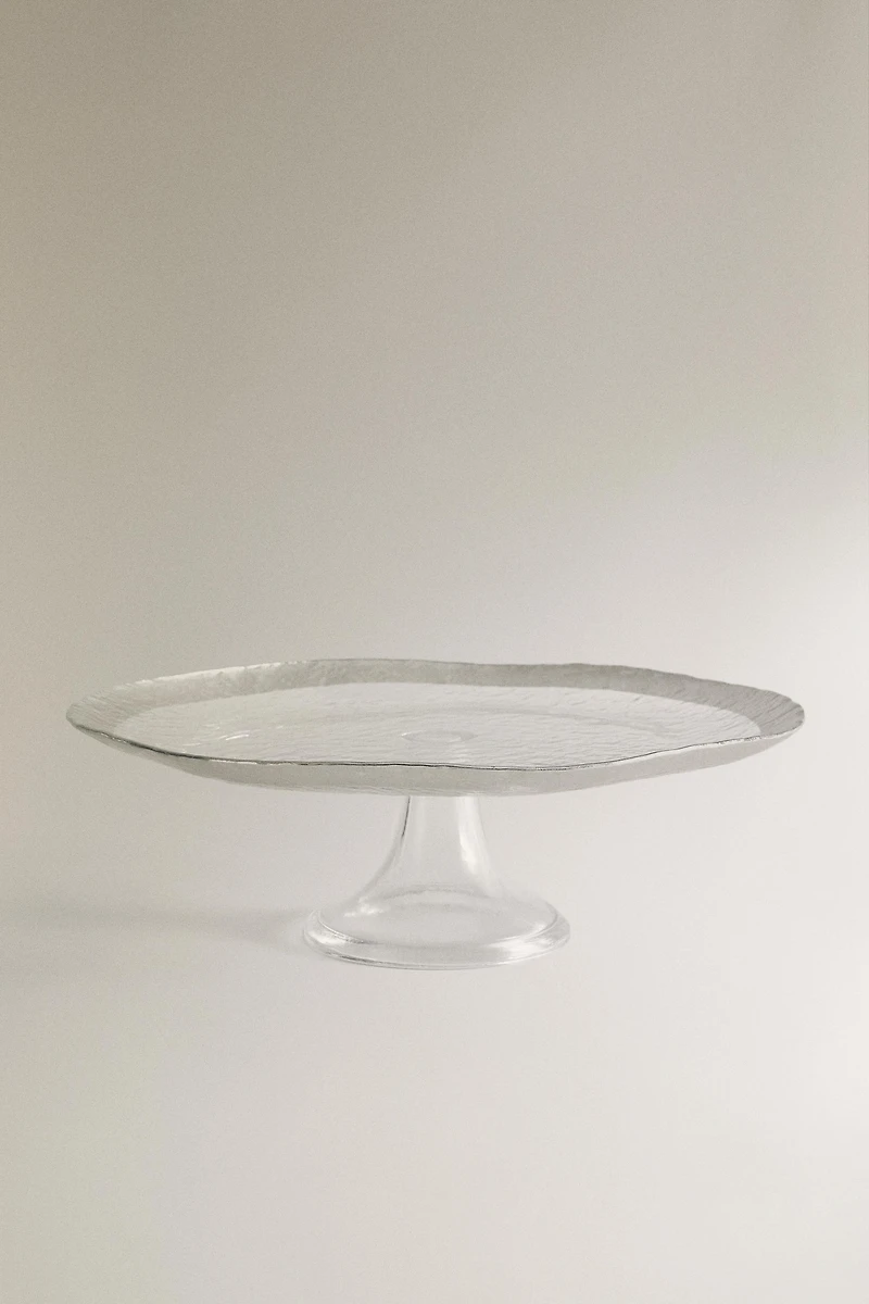 GLASS SERVING DISH WITH RAISED DESIGN AND SILVER EDGE