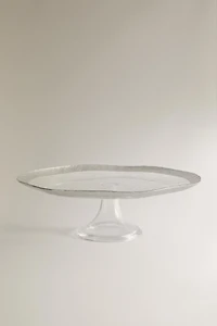 GLASS SERVING DISH WITH RAISED DESIGN AND SILVER EDGE