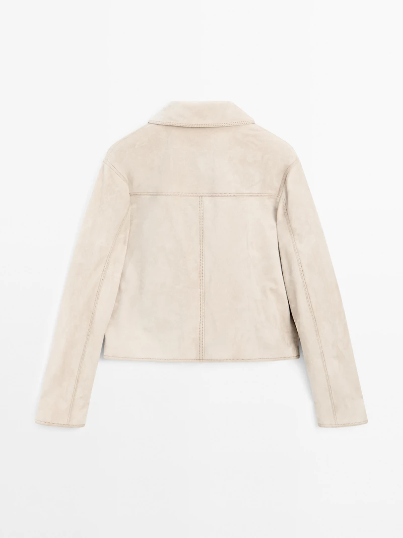 Short suede leather jacket with topstitching
