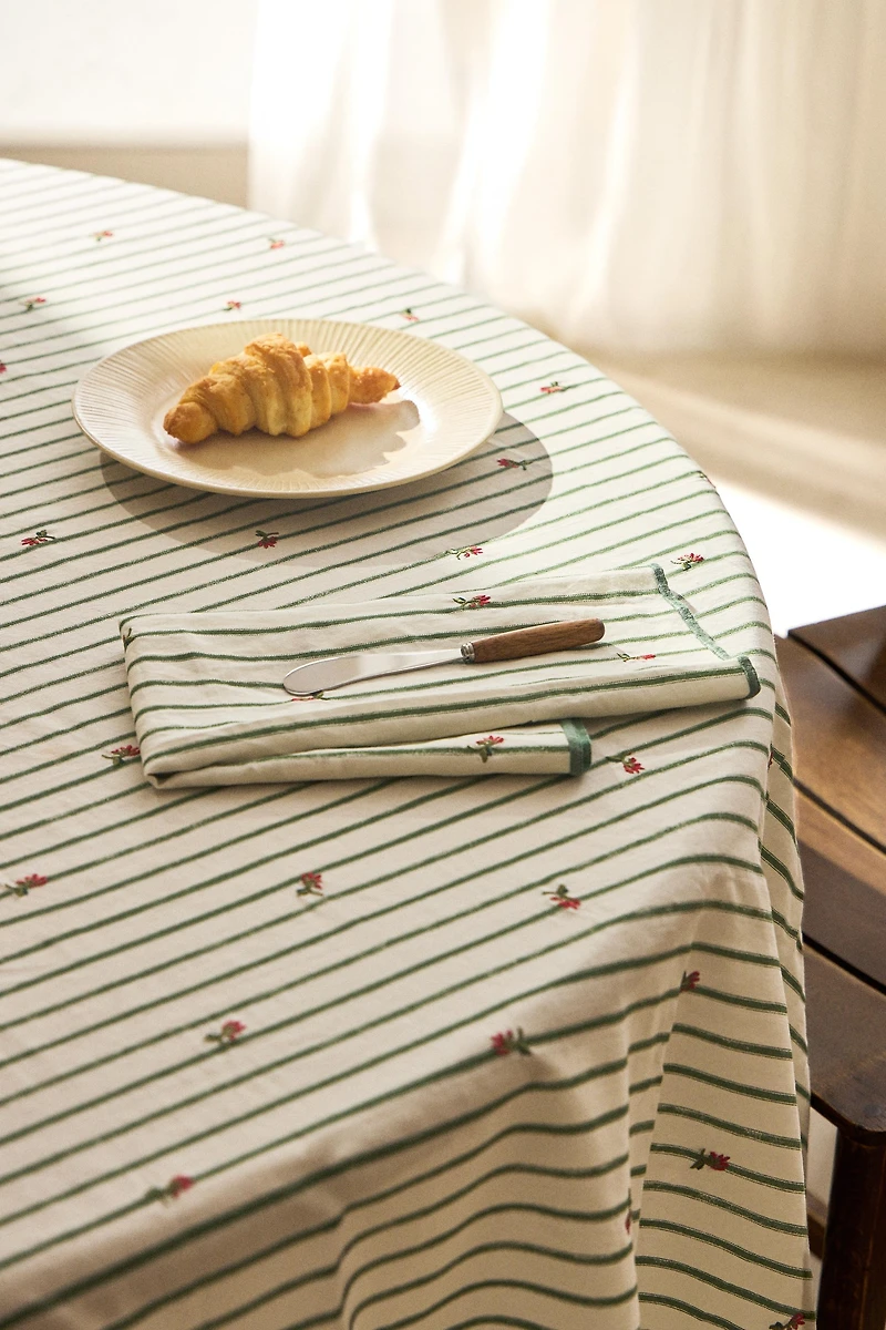 STRIPED TABLECLOTH WITH FLORAL EMBROIDERY