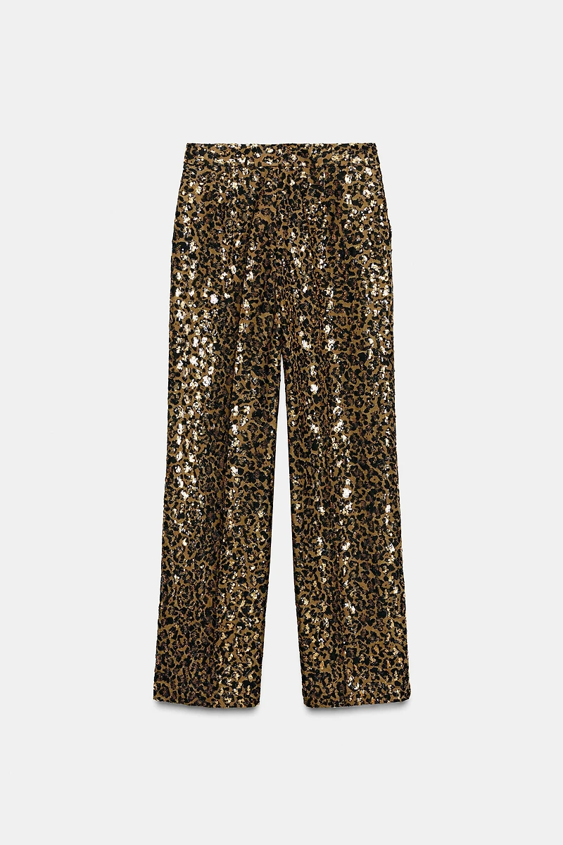 ANIMAL PRINT SEQUIN STRAIGHT LEG PANTS