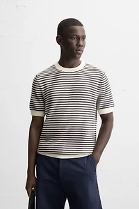 STRIPED OPEN KNIT T-SHIRT