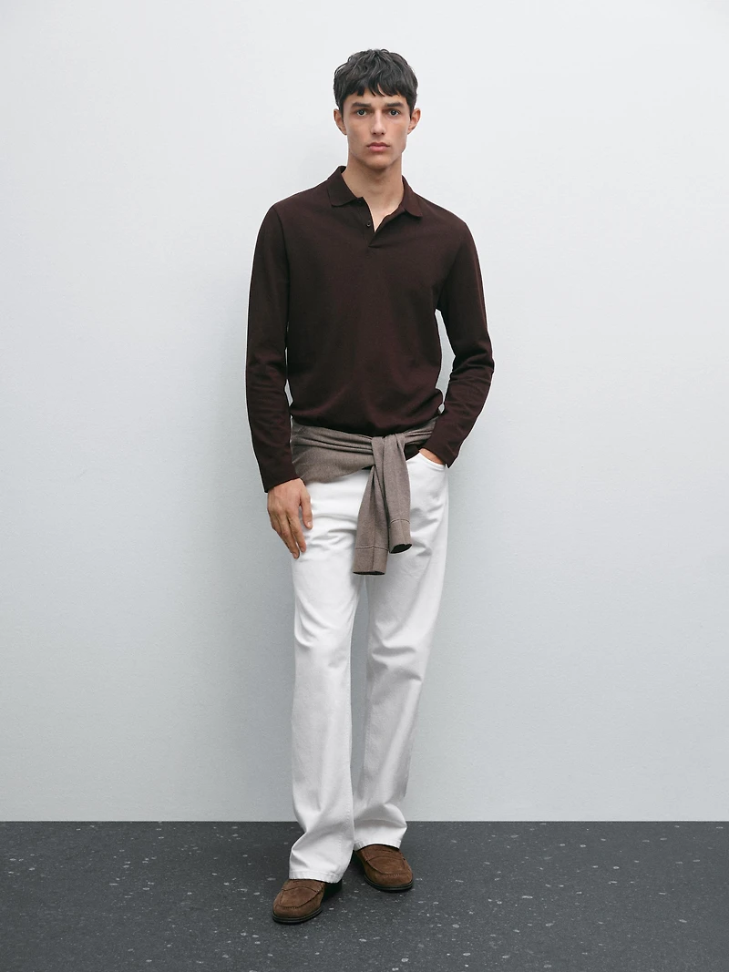 Long sleeve mercerised cotton piqué polo shirt