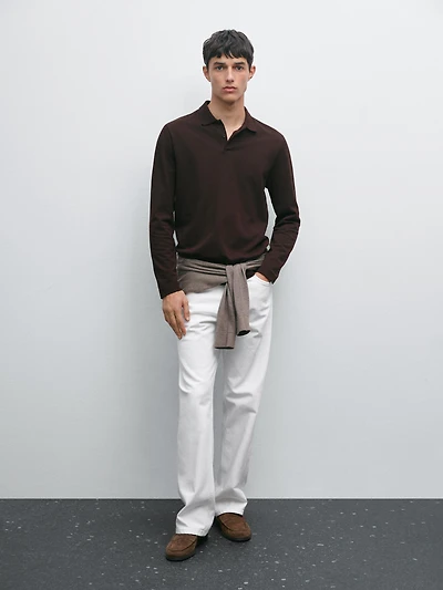 Long sleeve mercerised cotton piqué polo shirt