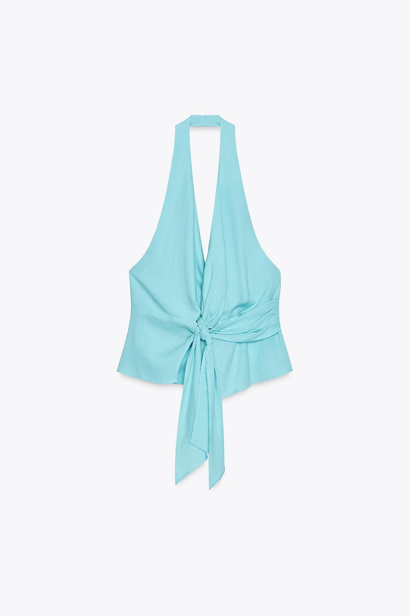 LINEN KNOTTED HALTER TOP