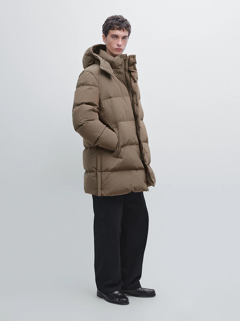 Long water-repellent down puffer jacket