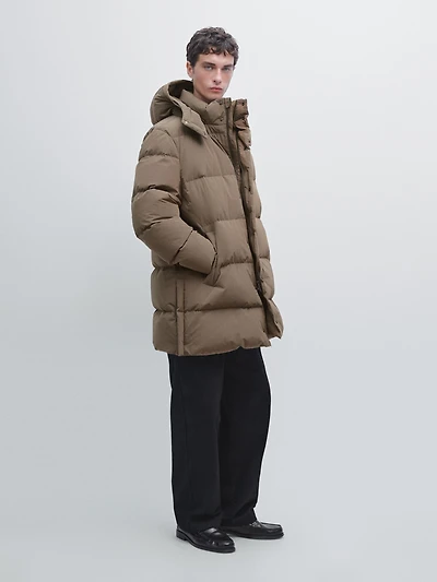 Long water-repellent down puffer jacket