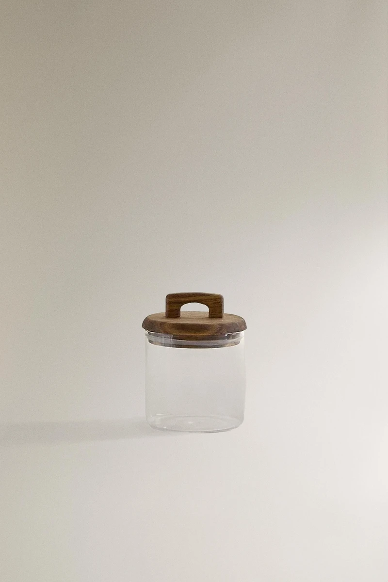 BOROSILICATE GLASS AND WOOD STORAGE JAR