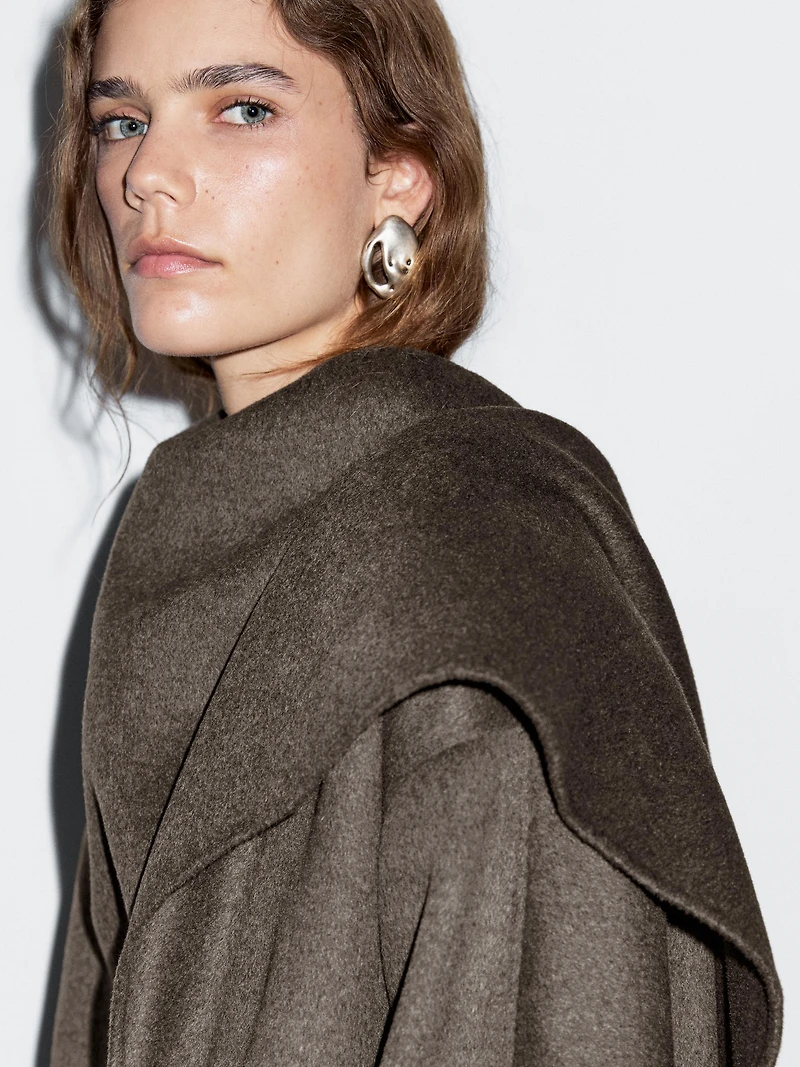 Mid-length wool blend coat with scarf