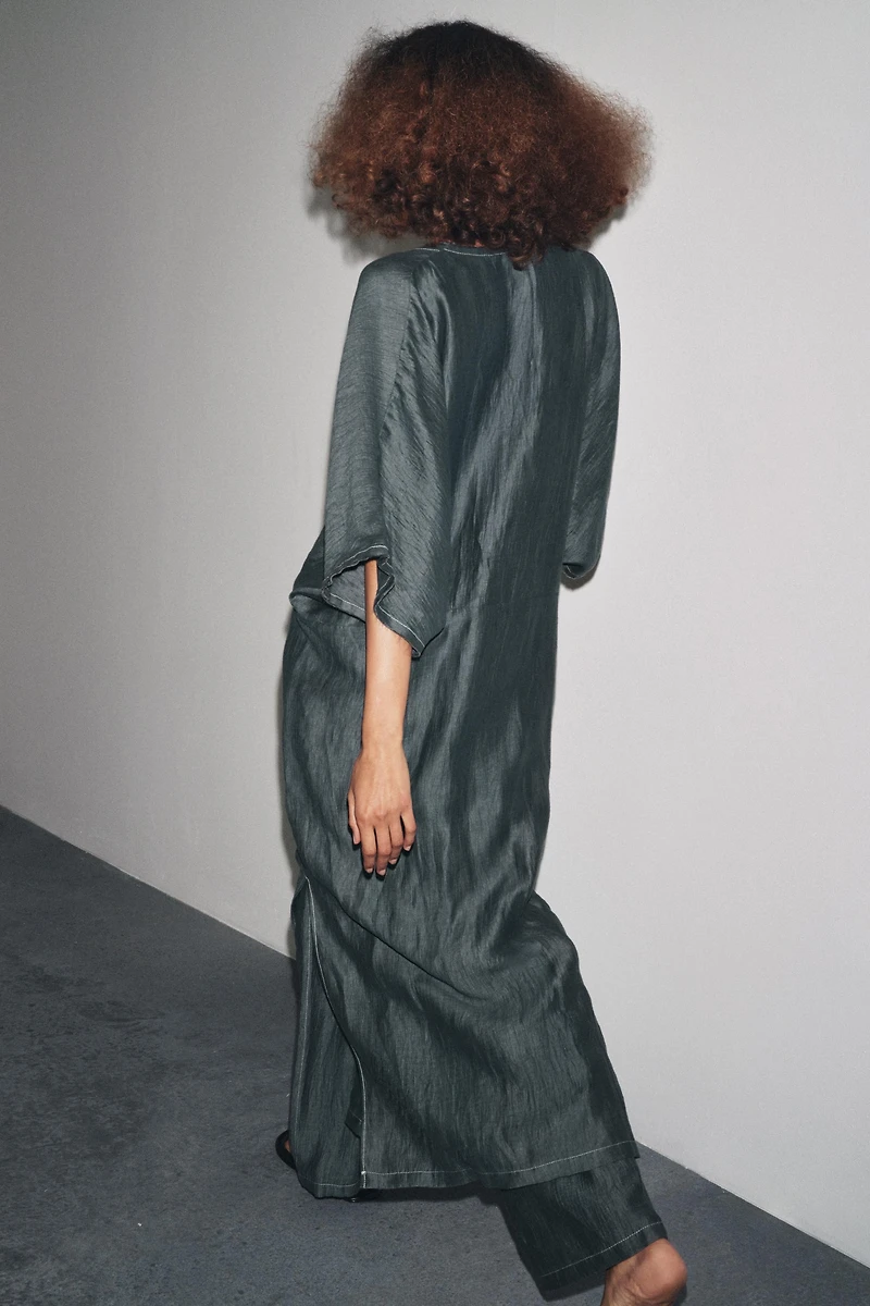 CONTRAST TIED LINEN DRESS