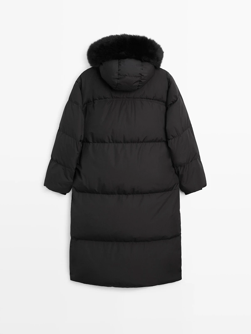 Technical down jacket with faux fur hood