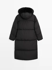 Technical down jacket with faux fur hood