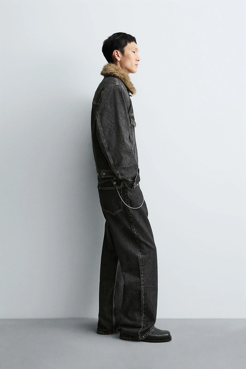 VESTE EN DENIM AVEC COL EFFET FOURRURE