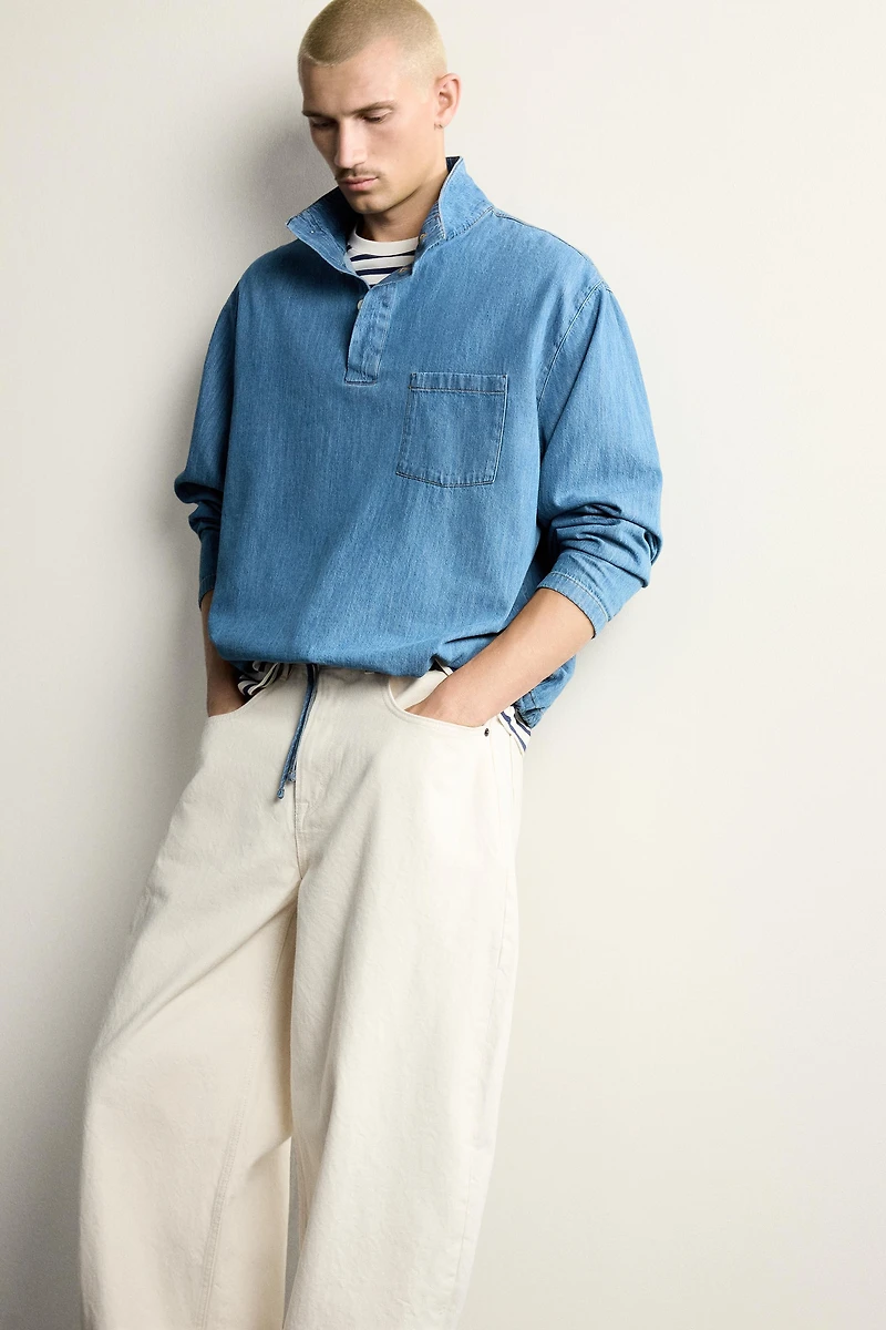 WASHED LIGHTWEIGHT DENIM POLO SHIRT