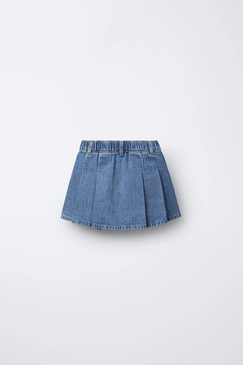 PLEATED DENIM SKIRT WITH BOWS