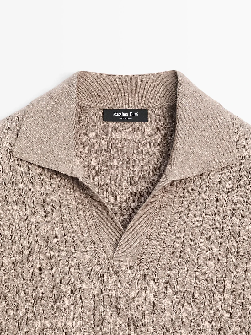 Short sleeve knit polo shirt with cable-knit detail