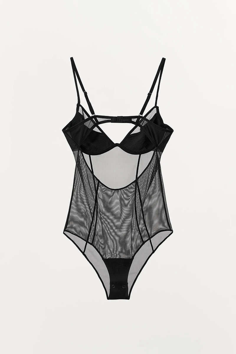 SEMI-SHEER PLEATED BODYSUIT