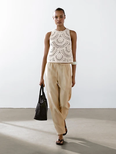 Flowing linen blend barrel fit trousers