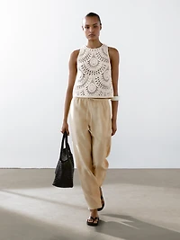 Flowing linen blend barrel fit trousers