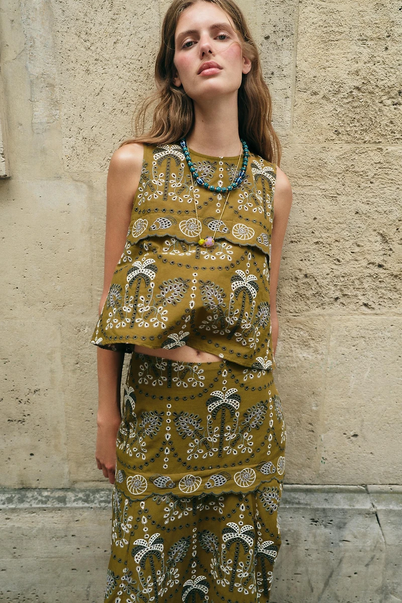 EYELET EMBROIDERED TOP
