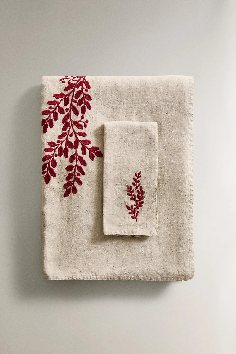 CHRISTMAS RED LEAF LINEN TABLECLOTH