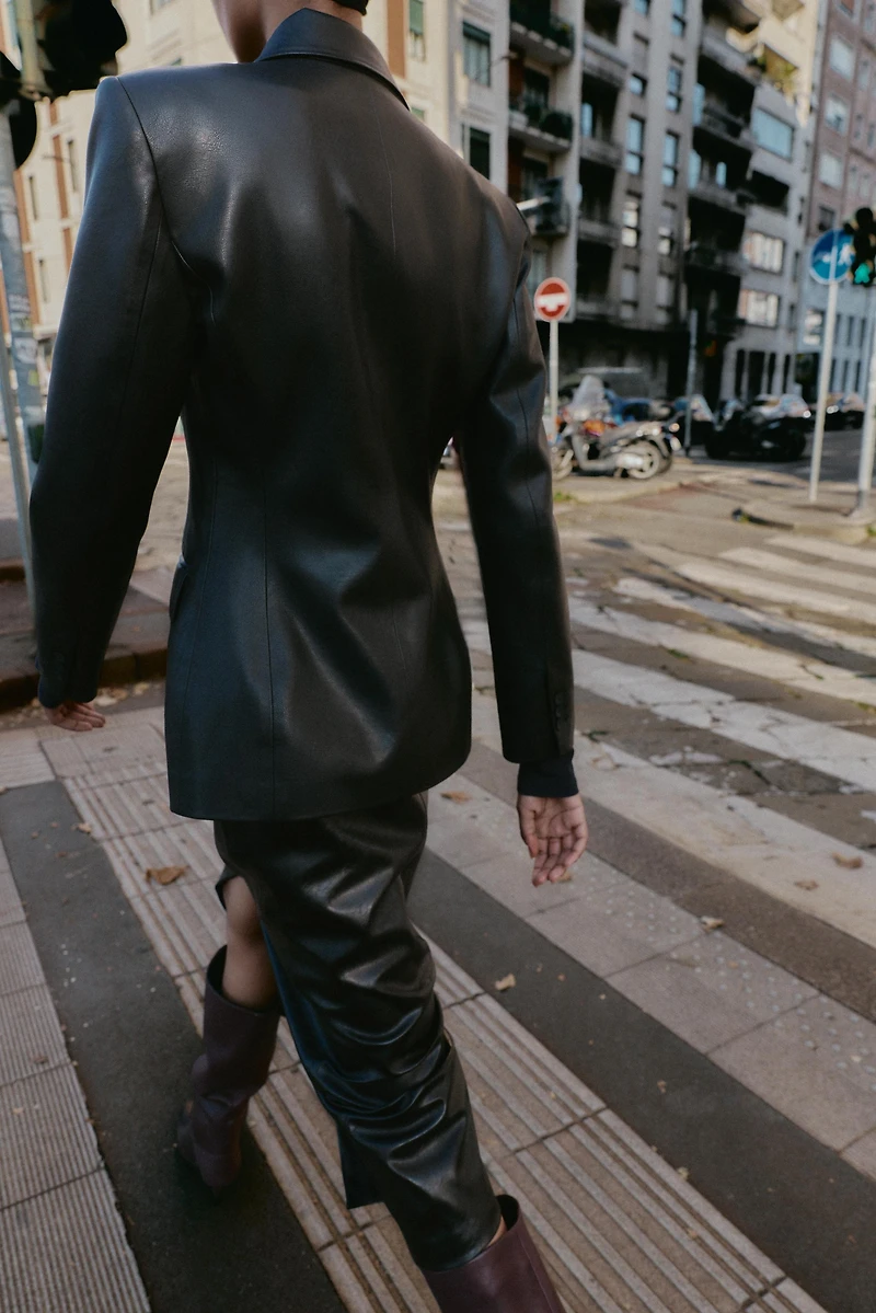 FAUX LEATHER DOUBLE BREASTED BLAZER