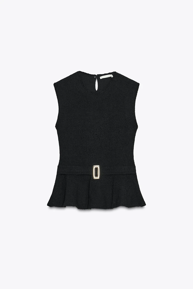 BOUCLÉ BUCKLE PEPLUM TOP