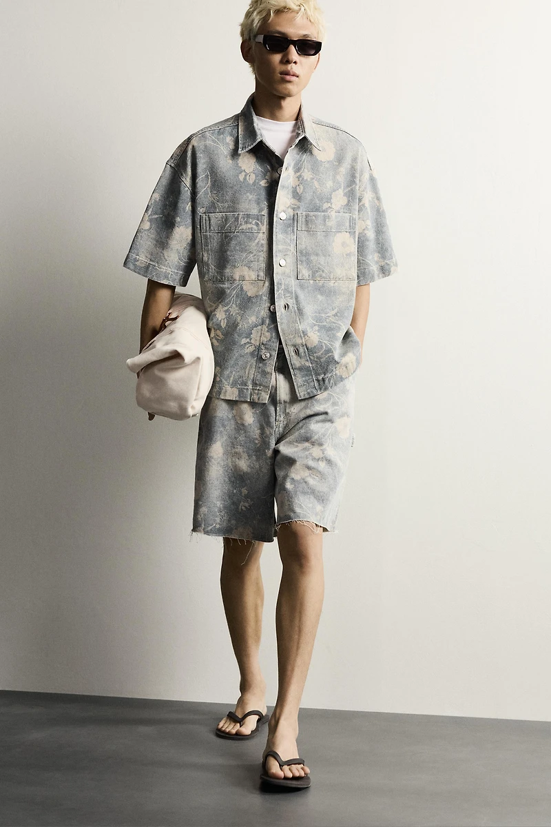 WASHED FLORAL PRINT RELAXED FIT SHORTS