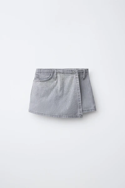 RHINESTONE DENIM BERMUDA SKIRT