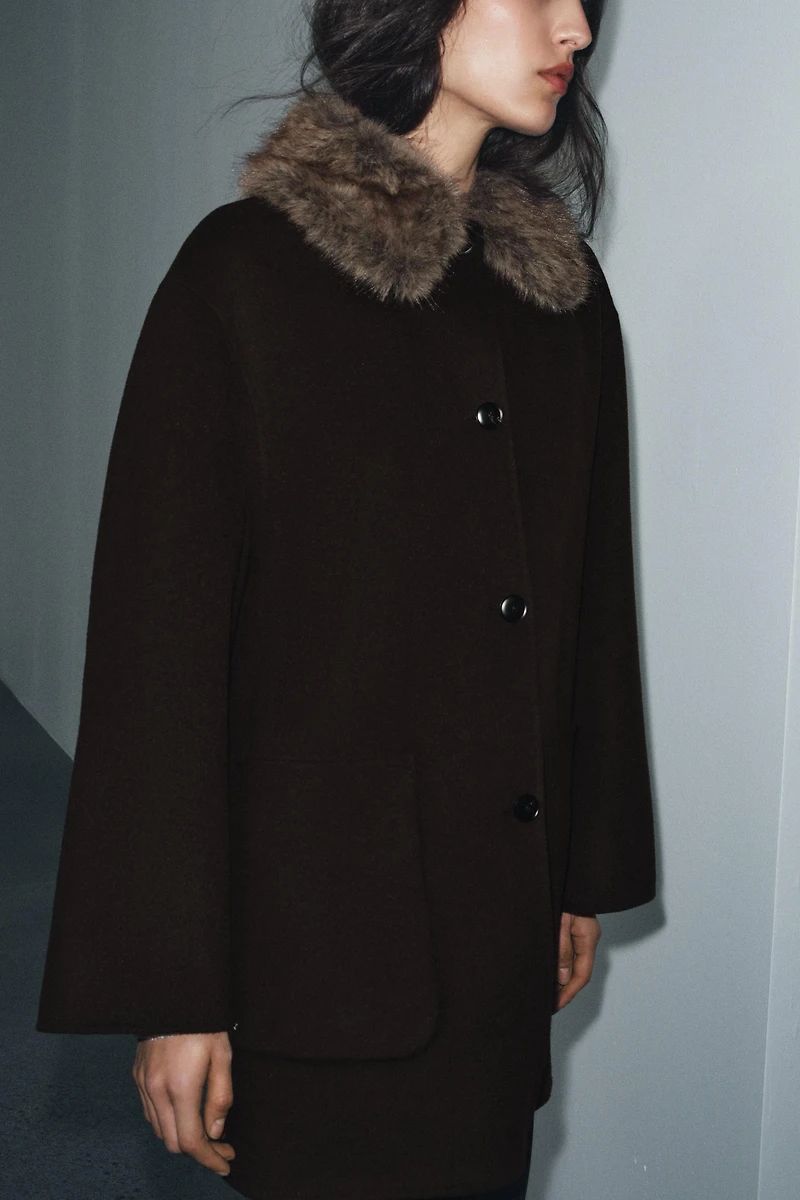 WOOL BLEND COAT WITH FAUX FUR COLLAR ZW COLLECTION