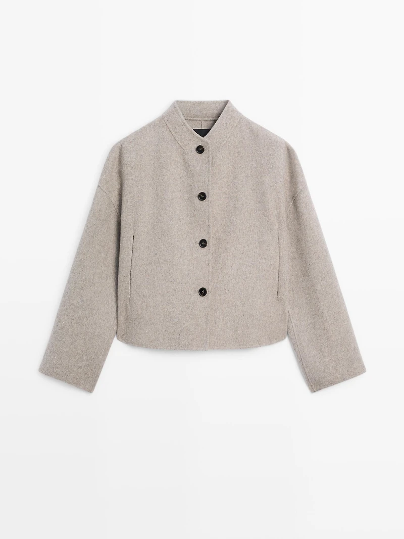 Short wool blend coat with high collar