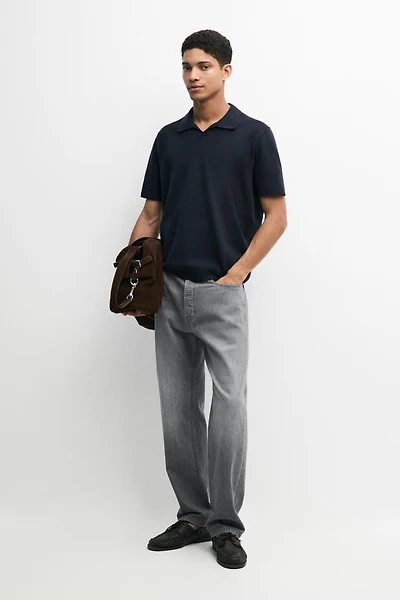 Cotton blend knit V-neck polo sweater