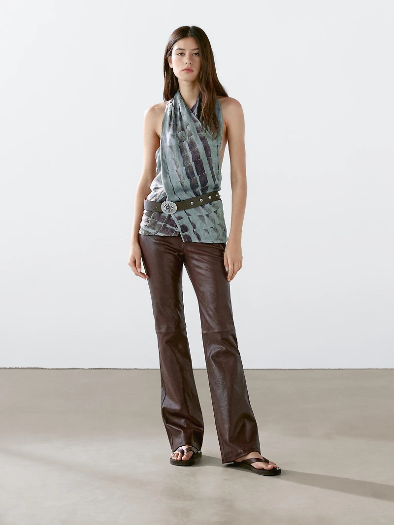 Nappa leather bell bottom trousers