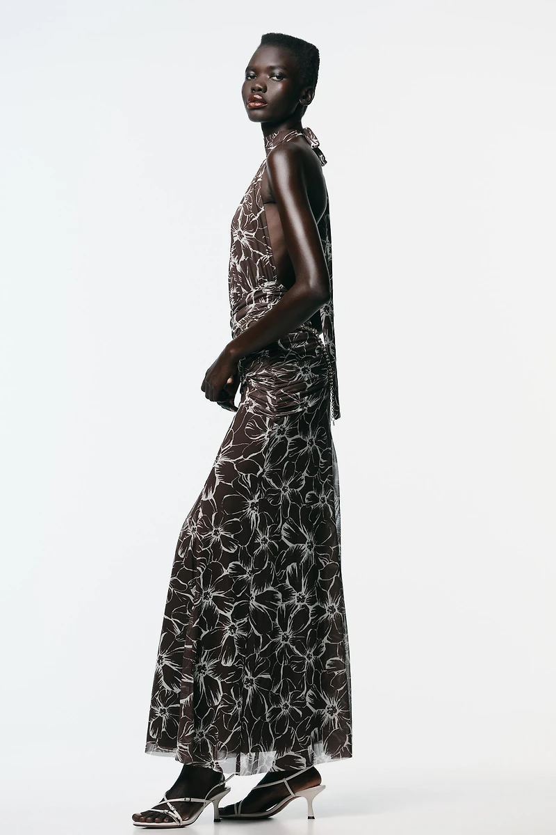 HALTER PRINTED TULLE LONG DRESS
