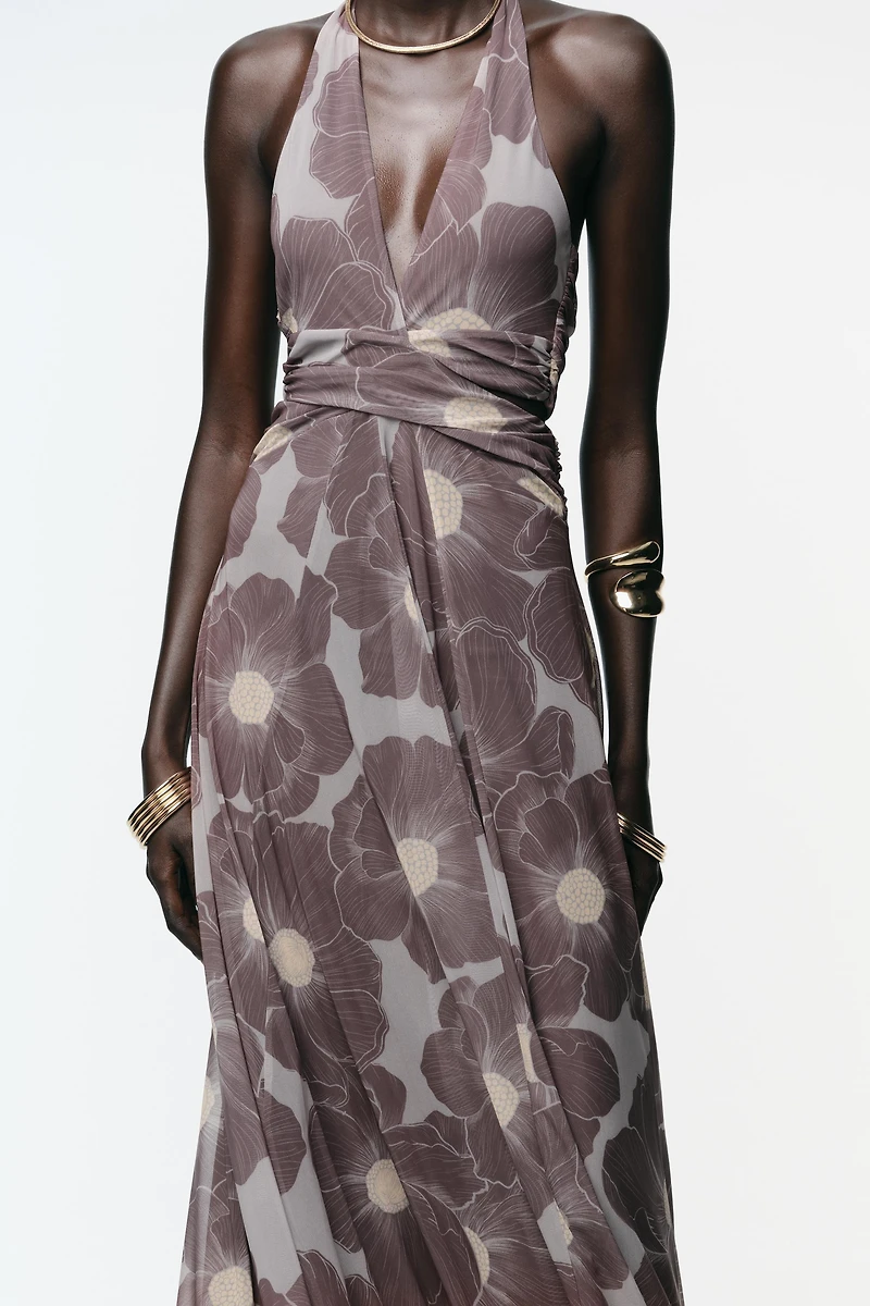 PRINTED CUT OUT TULLE MAXI DRESS