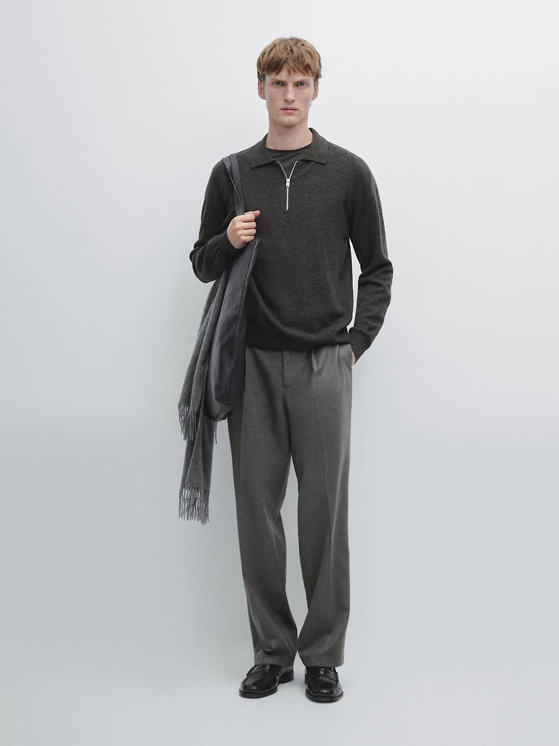Knit wool blend polo sweater with zip