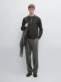 Knit wool blend polo sweater with zip