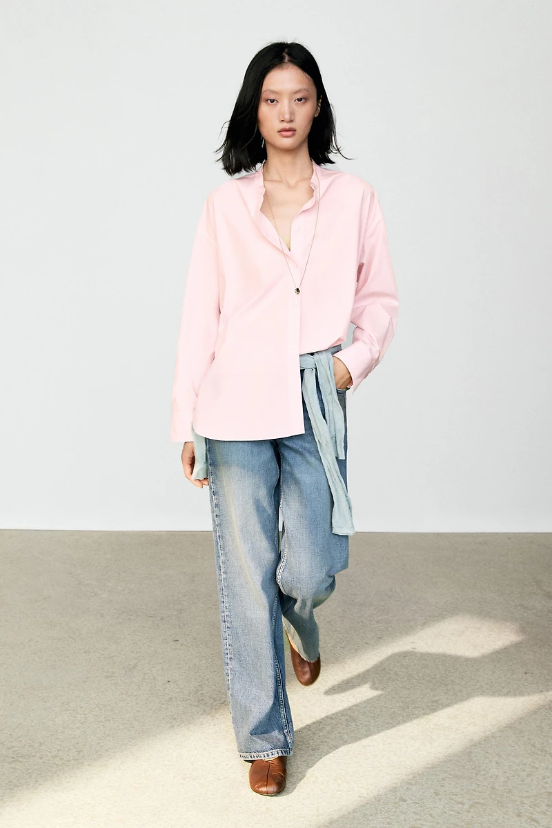 Cotton-blend stand collar shirt