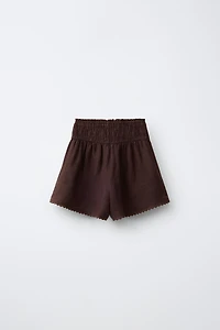 100% LINEN ELASTIC WAIST SHORTS WITH LACE TRIM
