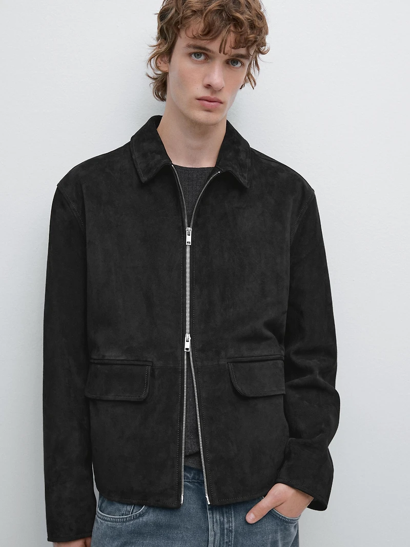 Suede leather zip-up jacket