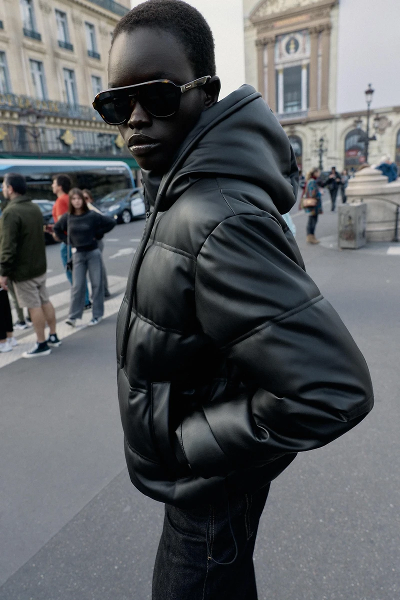 FAUX LEATHER EFFECT WATER REPELLENT WINDPROOF PUFFER ANORAK