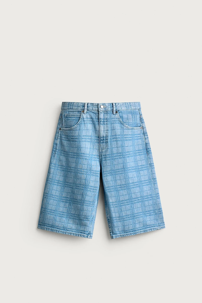 PRINTED WASHED DENIM JORTS