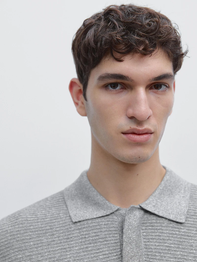 Linen and cotton blend knit polo shirt with short sleeves