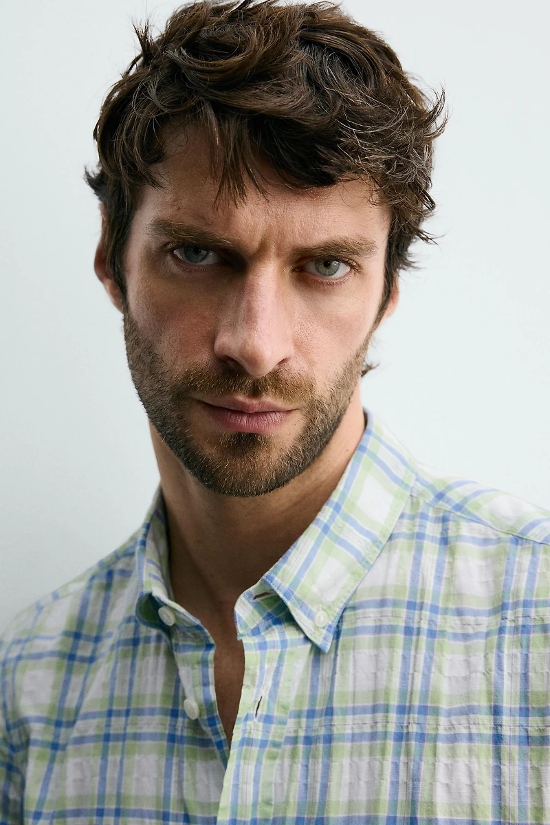REGULAR FIT WRINKLE EFFECT PLAID SHIRT